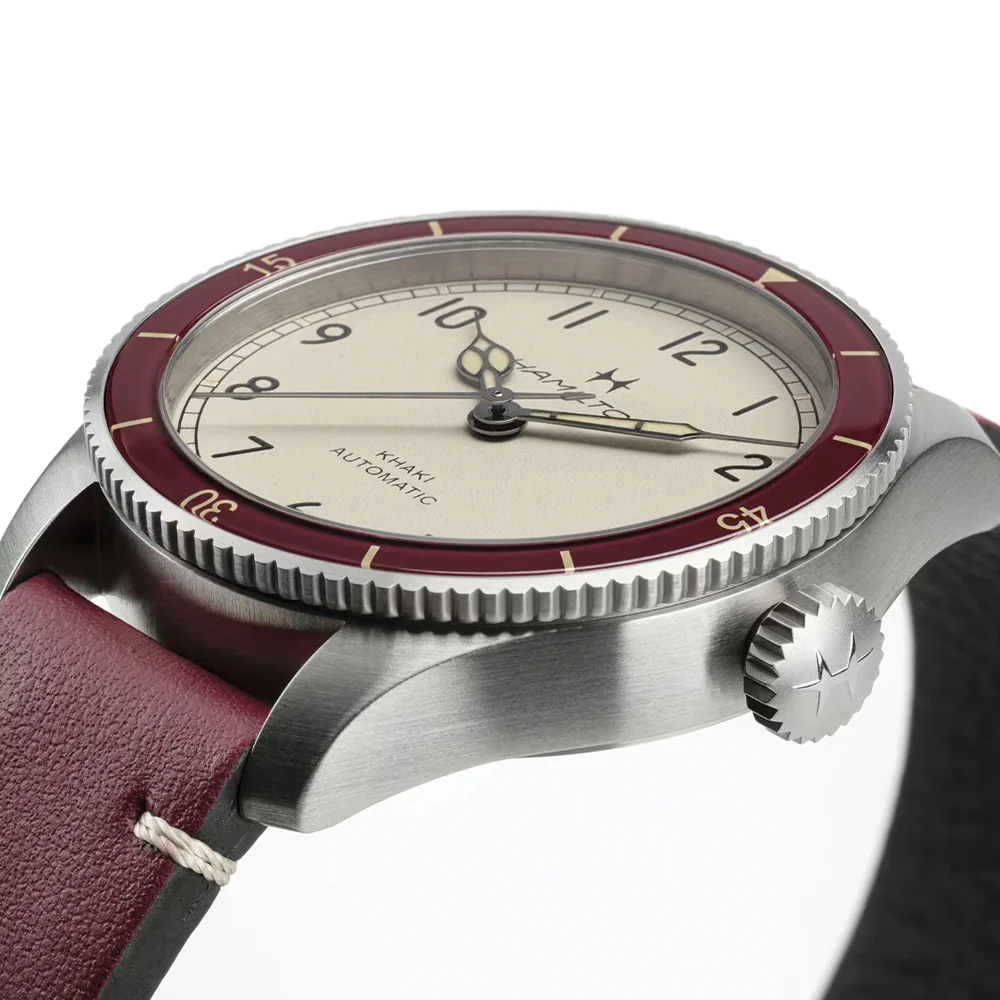 Khaki Aviation Pilot Pioneer Auto 38mm - White on Red Leather Strap - Image 4