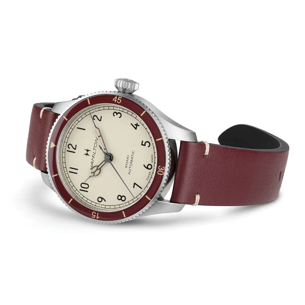 Khaki Aviation Pilot Pioneer Auto 38mm - White on Red Leather Strap - Image 6