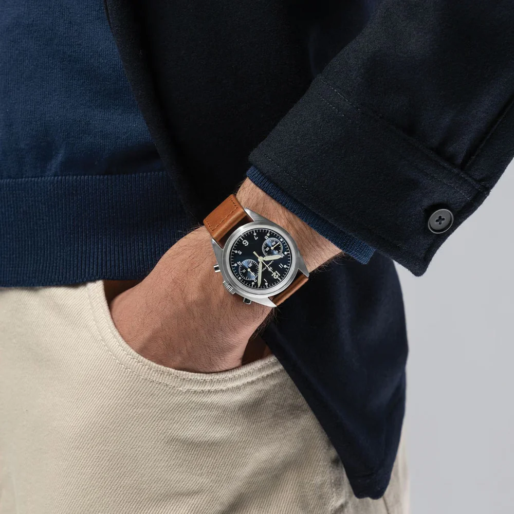 Khaki Aviation Pilot Pioneer Mechanical Chrono 40mm - Blue on Leather Strap - Image 3