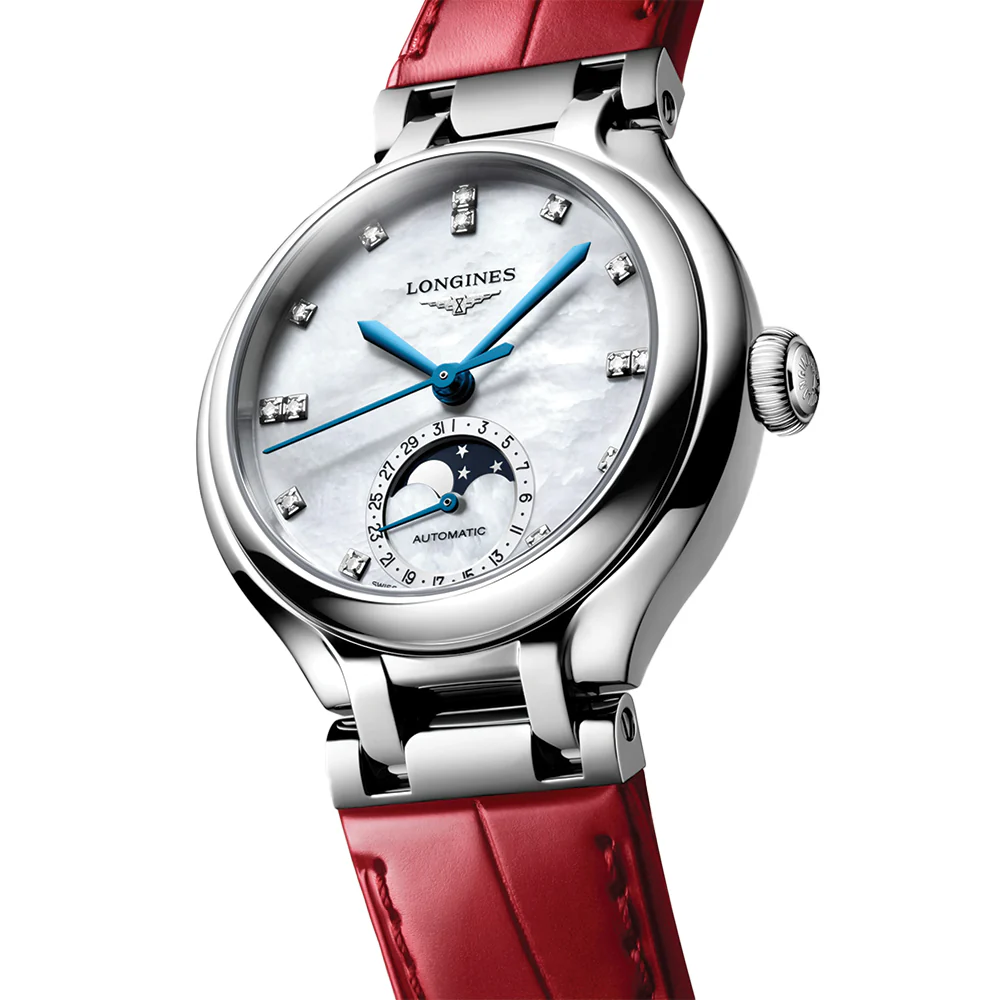 PrimaLuna Moonphase with Diamonds 34mm - White Mother-of-Pearl on Red Leather Strap - Image 2