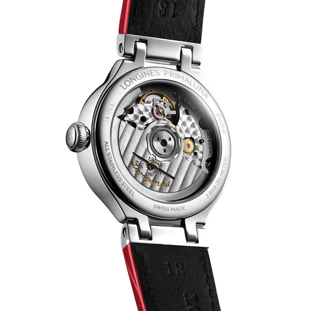 PrimaLuna Moonphase with Diamonds 34mm - White Mother-of-Pearl on Red Leather Strap - Image 3