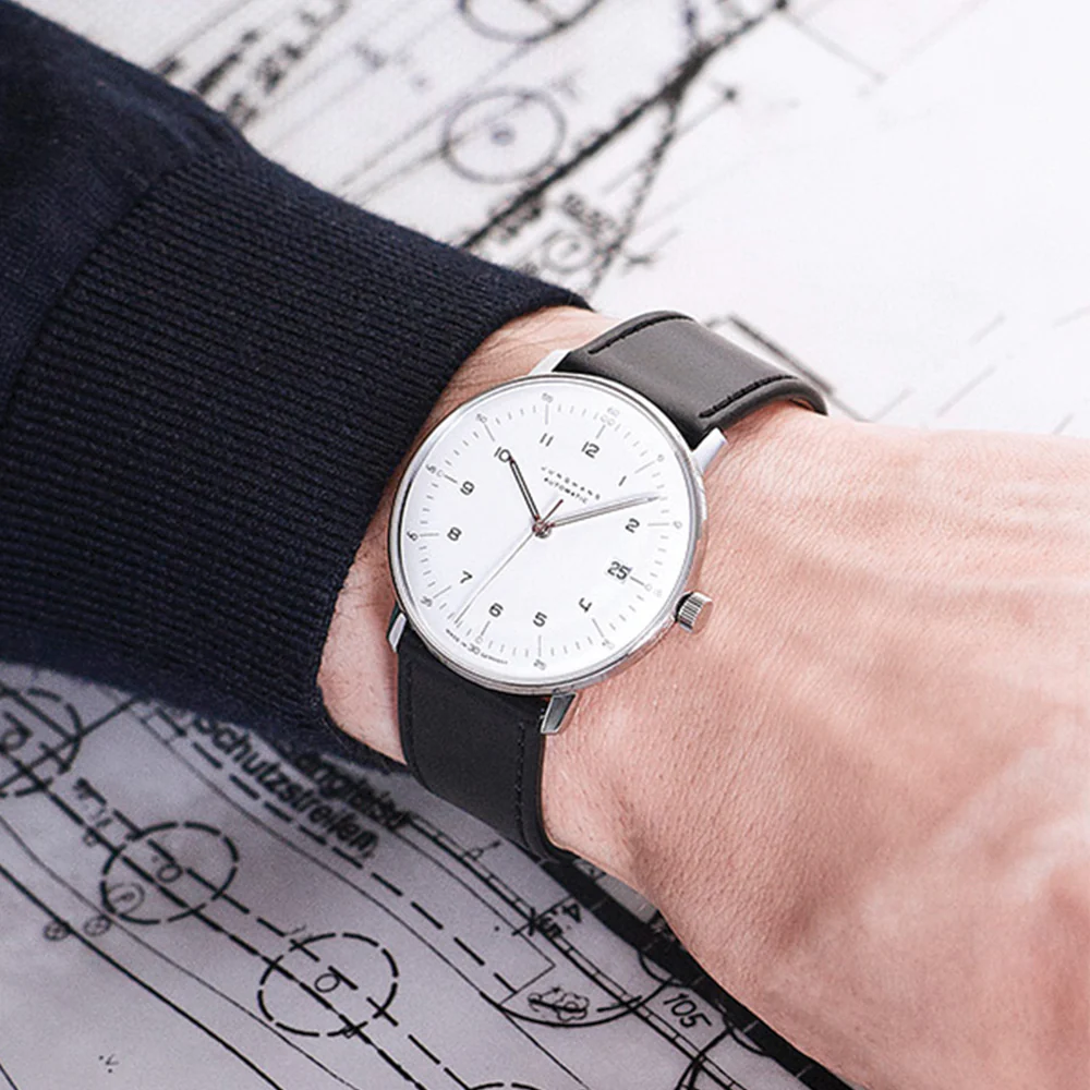 Max Bill Automatic w/ Numerals and Sapphire Crystal 38mm - Silver on Leather Strap - Image 3