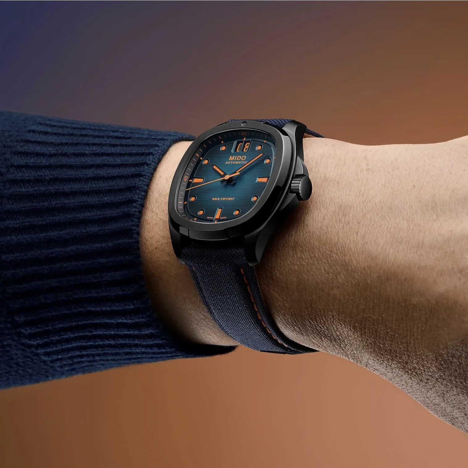 Multifort TV Big Date Black PVD Automatic 40mm - Blue on Fabric Strap - Image 3