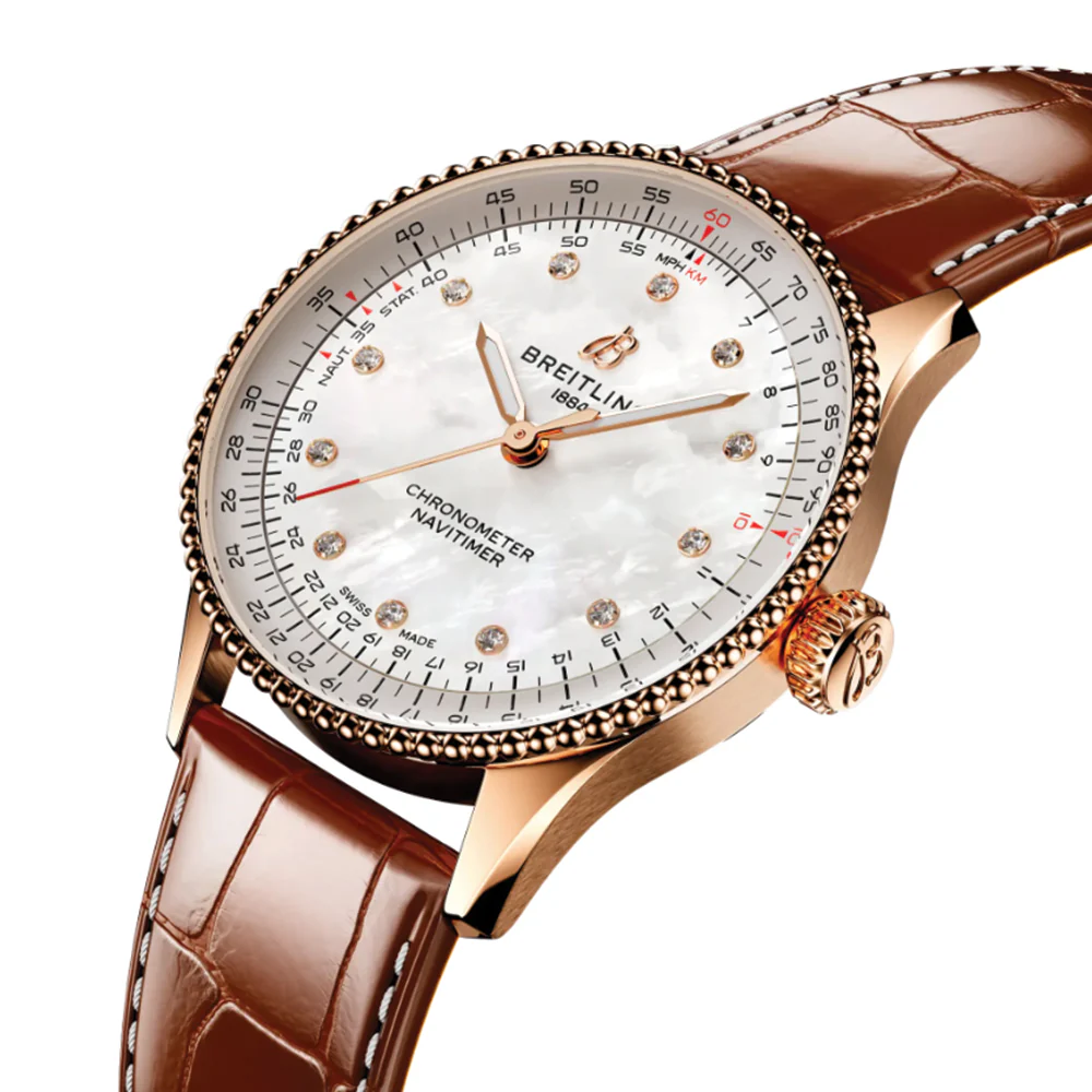 Navitimer Automatic Red Gold 36mm - White w/ Diamonds on Leather Strap - Image 3