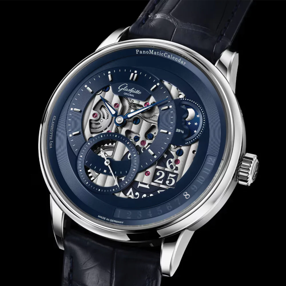 PanoMaticCalendar Limited Edition Platinum 42mm - Skeletonized Deep Blue on Leather Strap - Image 2