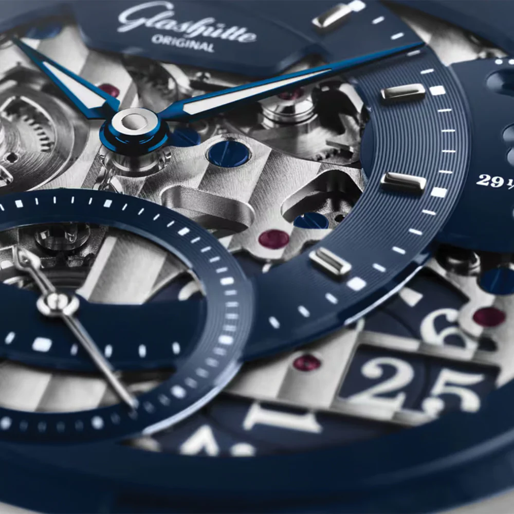 PanoMaticCalendar Limited Edition Platinum 42mm - Skeletonized Deep Blue on Leather Strap - Image 3