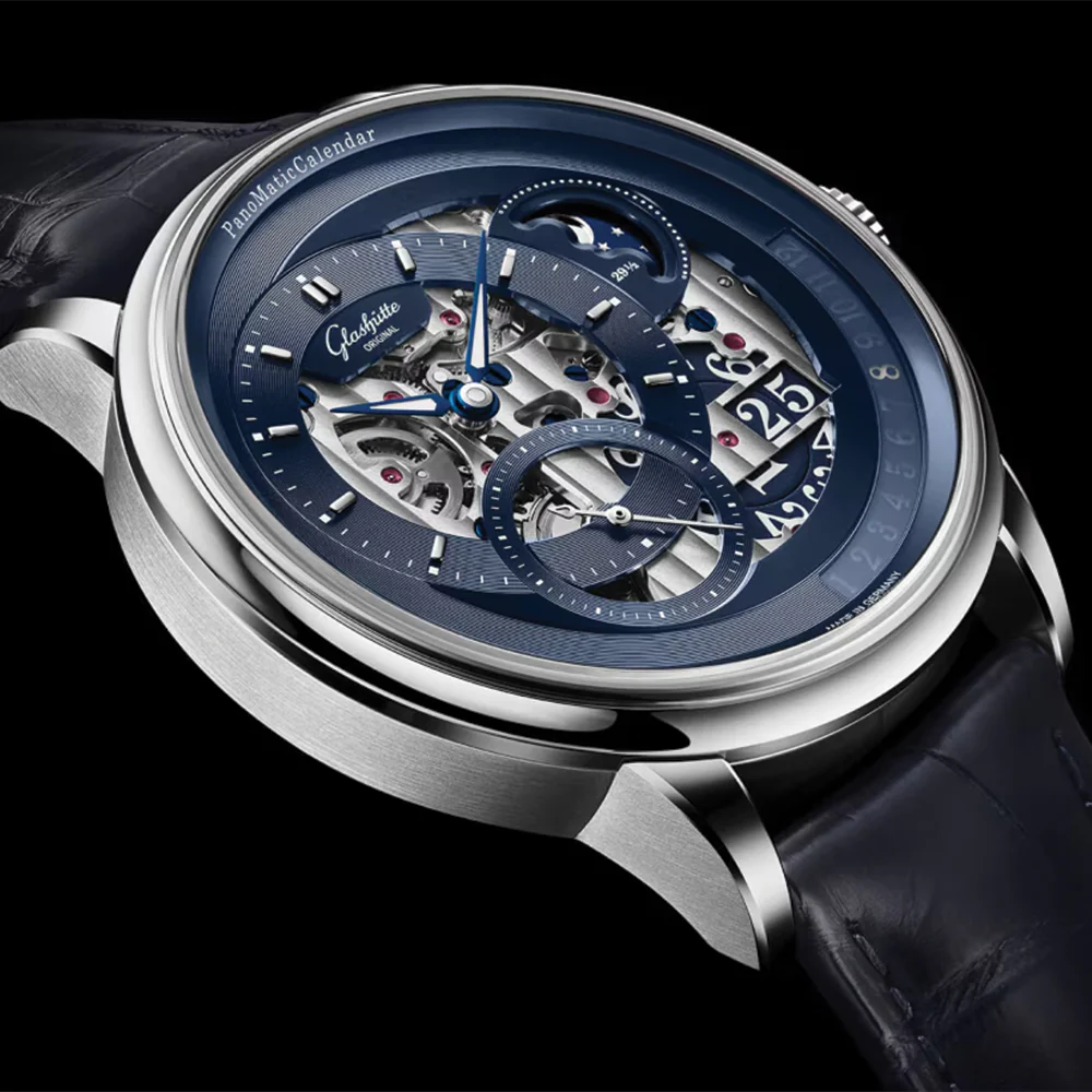PanoMaticCalendar Limited Edition Platinum 42mm - Skeletonized Deep Blue on Leather Strap - Image 4
