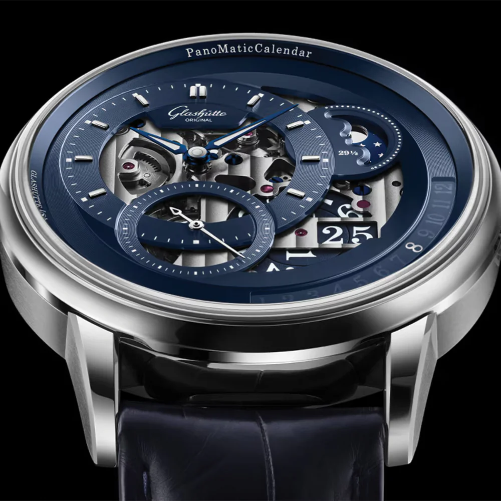 PanoMaticCalendar Limited Edition Platinum 42mm - Skeletonized Deep Blue on Leather Strap - Image 5