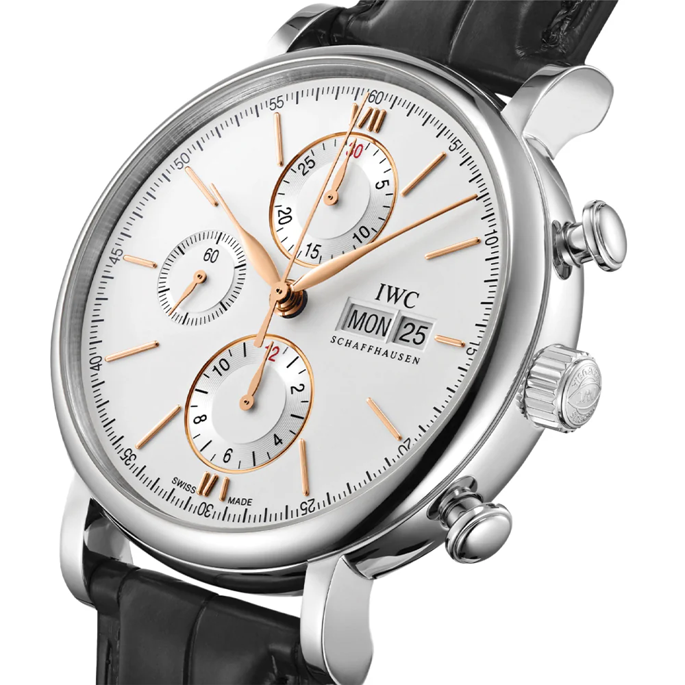 Portofino Chronograph Gold Accents 42mm - Silver-Plated on Leather Strap - Image 2