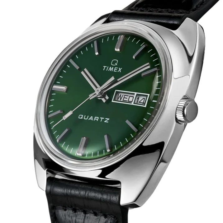 Q Timex 1978 Day/Date 37mm - Green on Leather Strap - Image 2