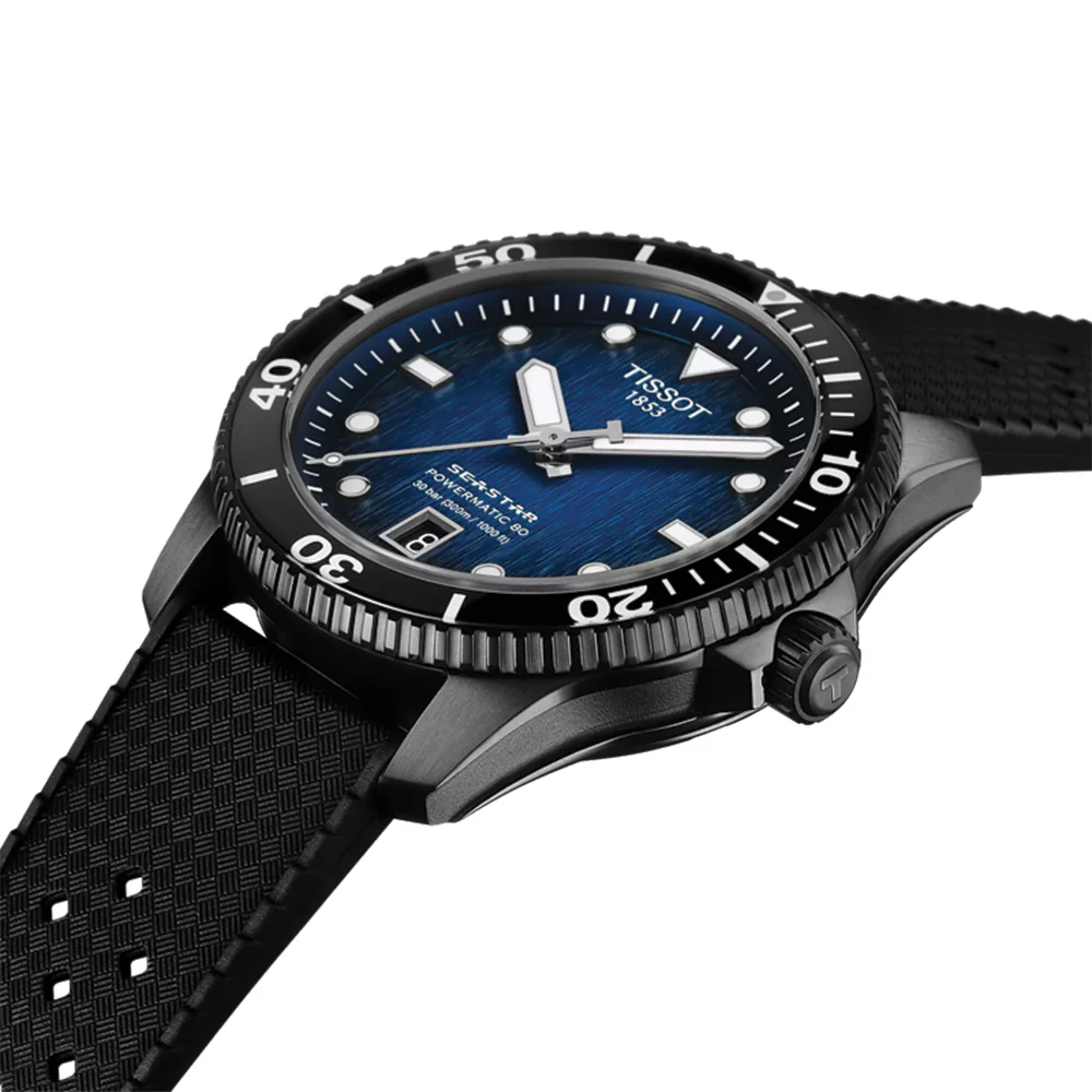 Seastar 1000 Powermatic 80 Black PVD 40mm - Blue on Rubber Strap - Image 2