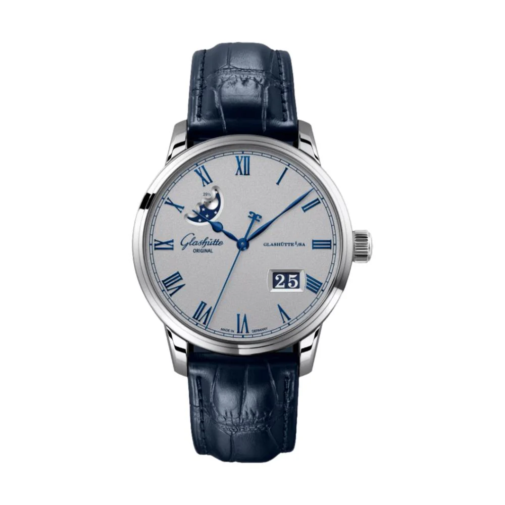 Senator Excellence Panorama Date Moon Phase 40mm - Varnish Silver-Grainé on Strap