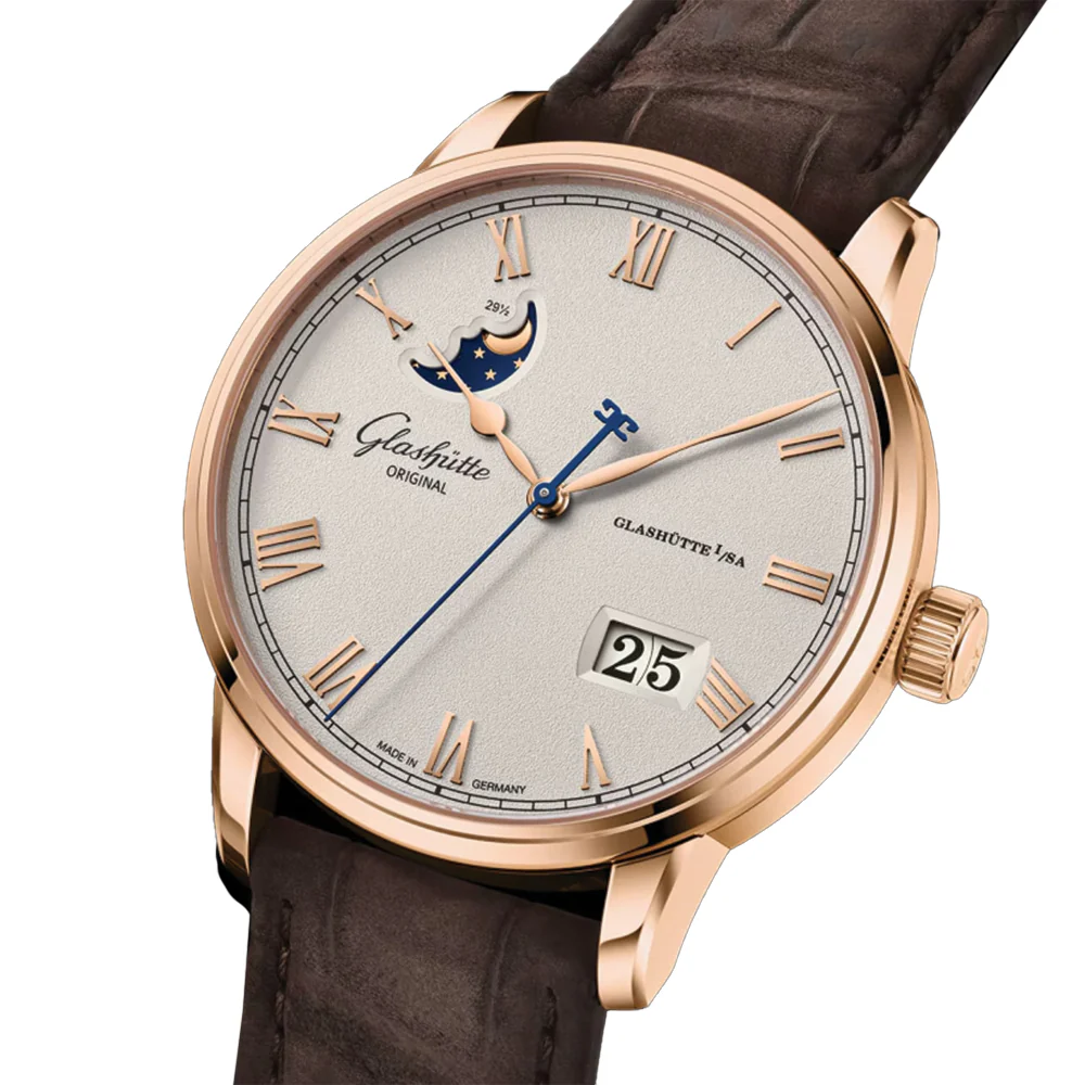 Senator Excellence Panorama Date Moon Phase Automatic Red Gold 40mm - Silver on Leather Strap - Image 3