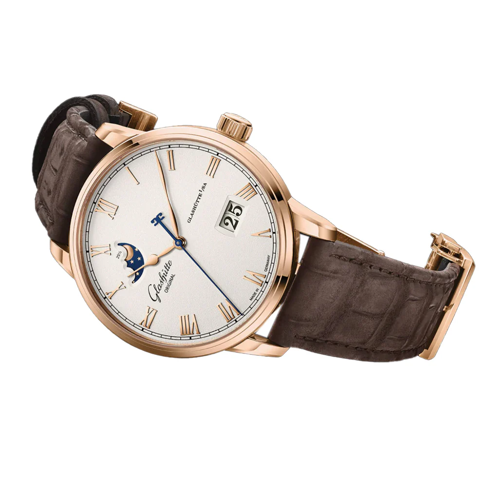 Senator Excellence Panorama Date Moon Phase Automatic Red Gold 40mm - Silver on Leather Strap - Image 4