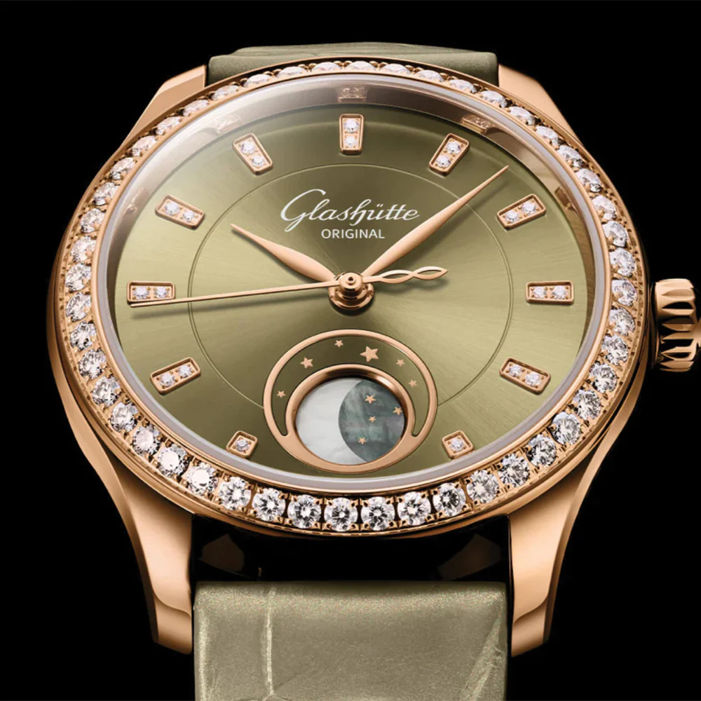Serenade Luna Automatic Diamond Red Gold 32.5mm - Green on Leather Strap - Image 3