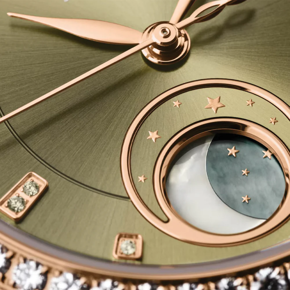 Serenade Luna Automatic Diamond Red Gold 32.5mm - Green on Leather Strap - Image 4
