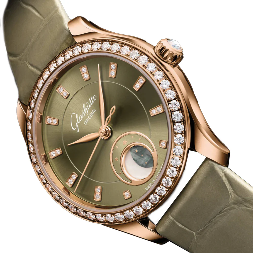 Serenade Luna Automatic Diamond Red Gold 32.5mm - Green on Leather Strap - Image 5