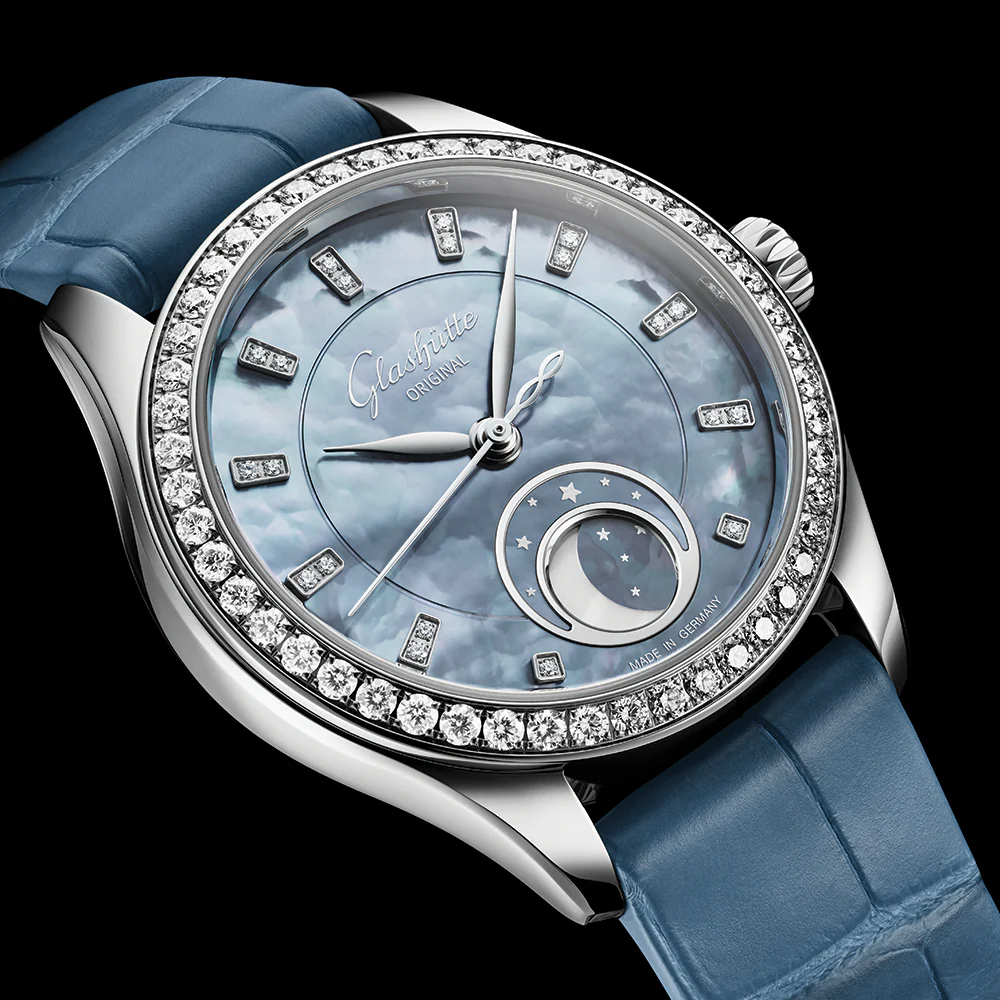 Serenade Luna "Skyline Blue" 32.5mm - Blue w/ Diamonds and Diamond Bezel on Leather Strap - Image 4