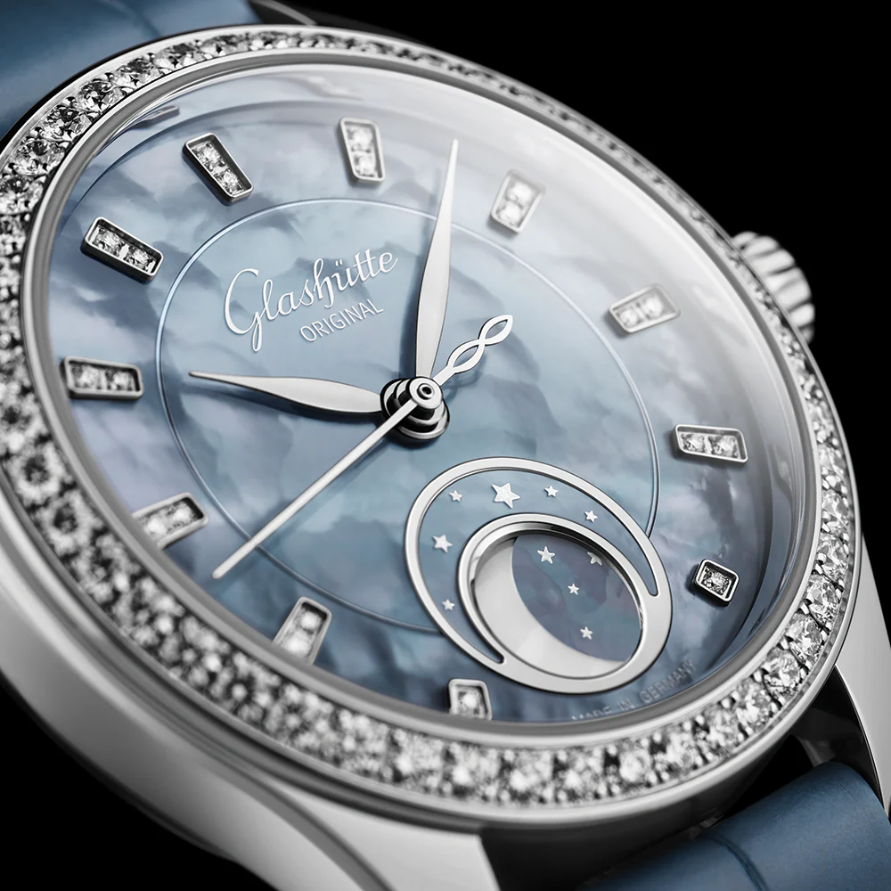 Serenade Luna "Skyline Blue" 32.5mm - Blue w/ Diamonds and Diamond Bezel on Leather Strap - Image 5