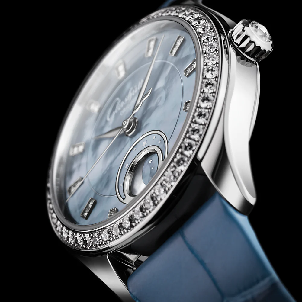 Serenade Luna "Skyline Blue" 32.5mm - Blue w/ Diamonds and Diamond Bezel on Leather Strap - Image 6