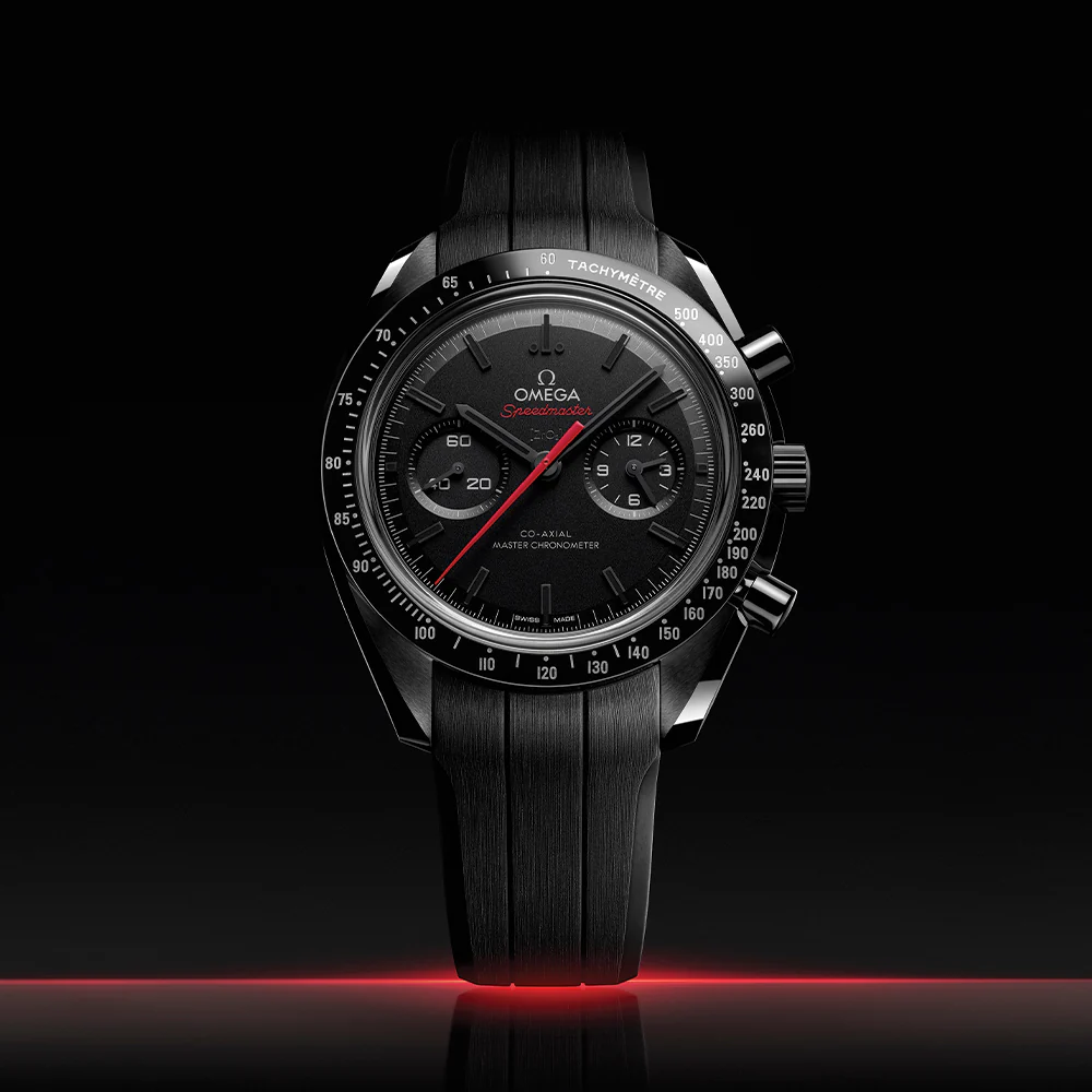 Speedmaster Dark Side of the Moon Black Ceramic 44.25mm - Full Black w/ Red Seconds Hand on Rubber Strap - Image 2