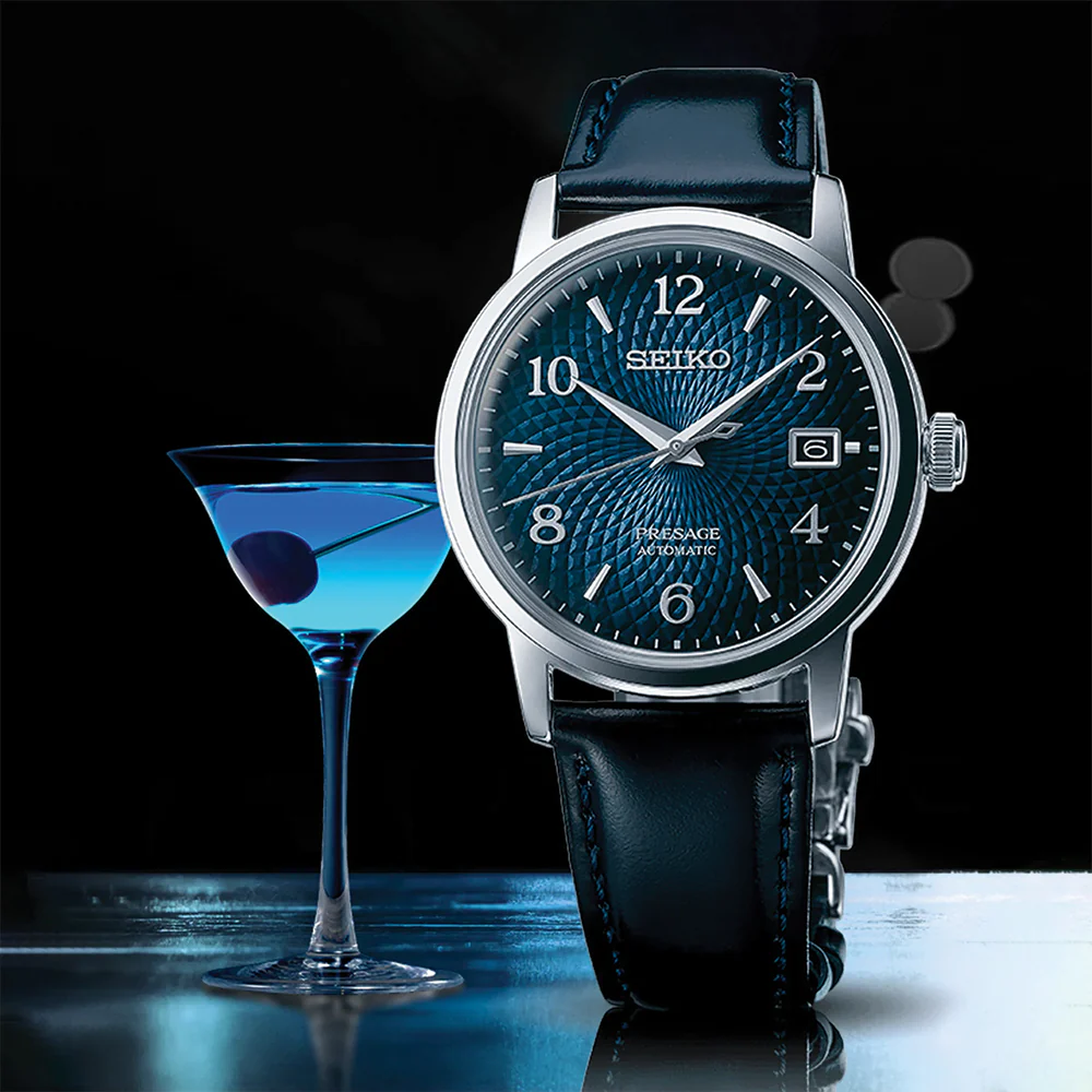SRPE43 Presage Cocktail Time Automatic 38.5mm - Blue on Leather Strap - Image 4