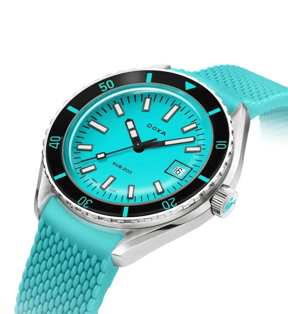 SUB 200 Aquamarine Sapphire Inlay Bezel 42mm - Turquoise on Rubber Strap - Image 2