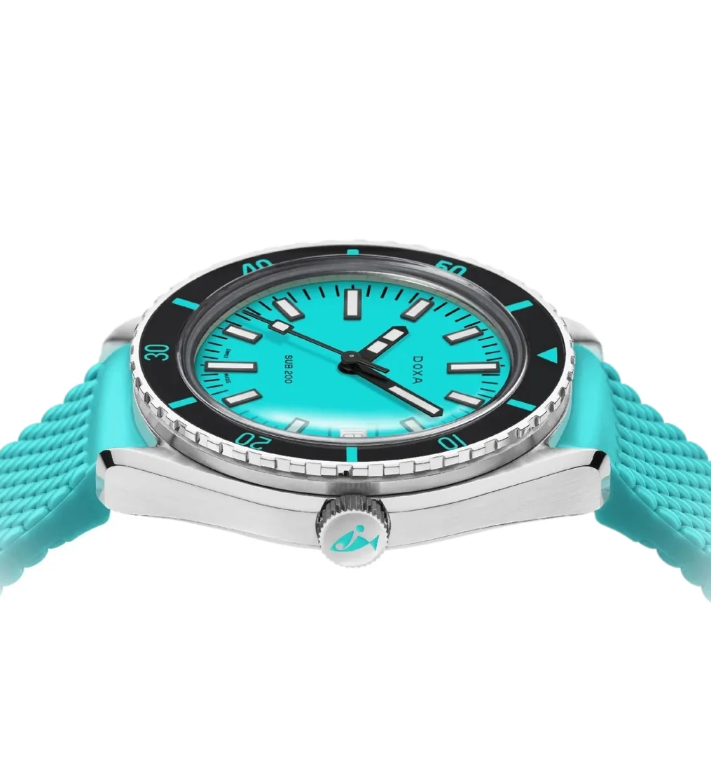 SUB 200 Aquamarine Sapphire Inlay Bezel 42mm - Turquoise on Rubber Strap - Image 3