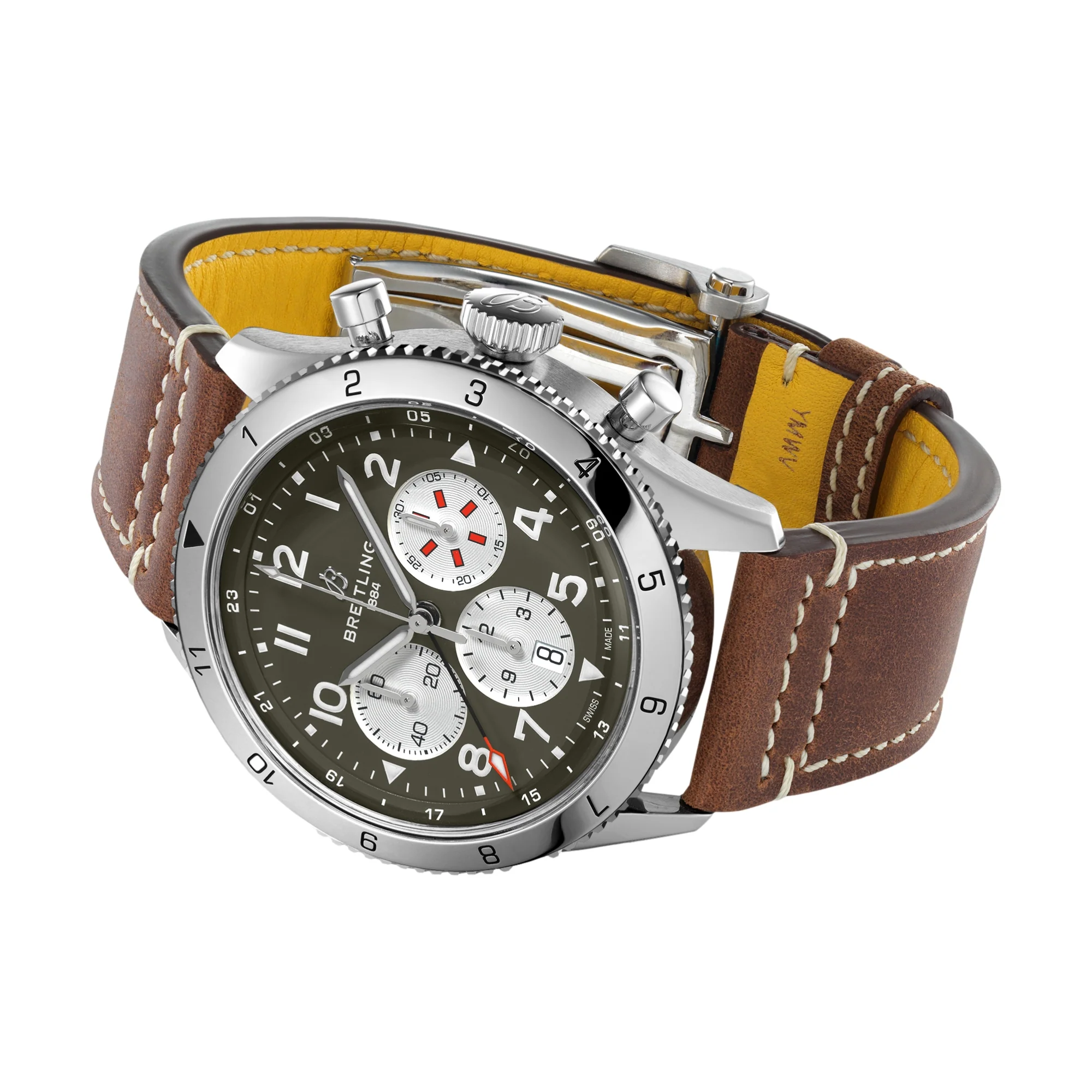 Super AVI B04 Chronograph GMT 46mm Curtiss Warhawk - Green on Leather Strap - Image 3