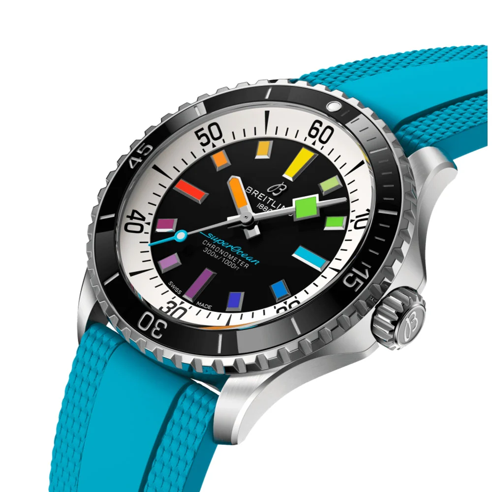 Superocean Automatic 42mm - Black w/ Rainbow Indices on Blue Rubber Strap - Image 2