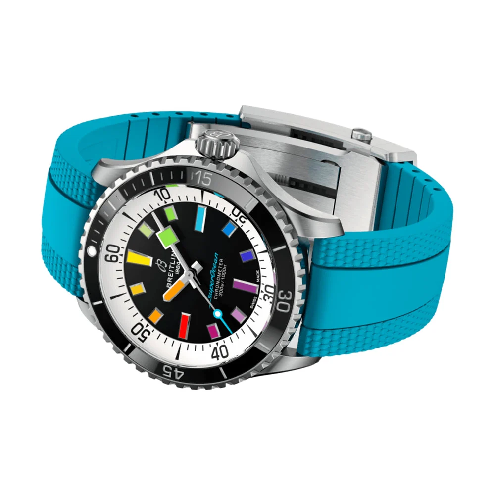 Superocean Automatic 42mm - Black w/ Rainbow Indices on Blue Rubber Strap - Image 3