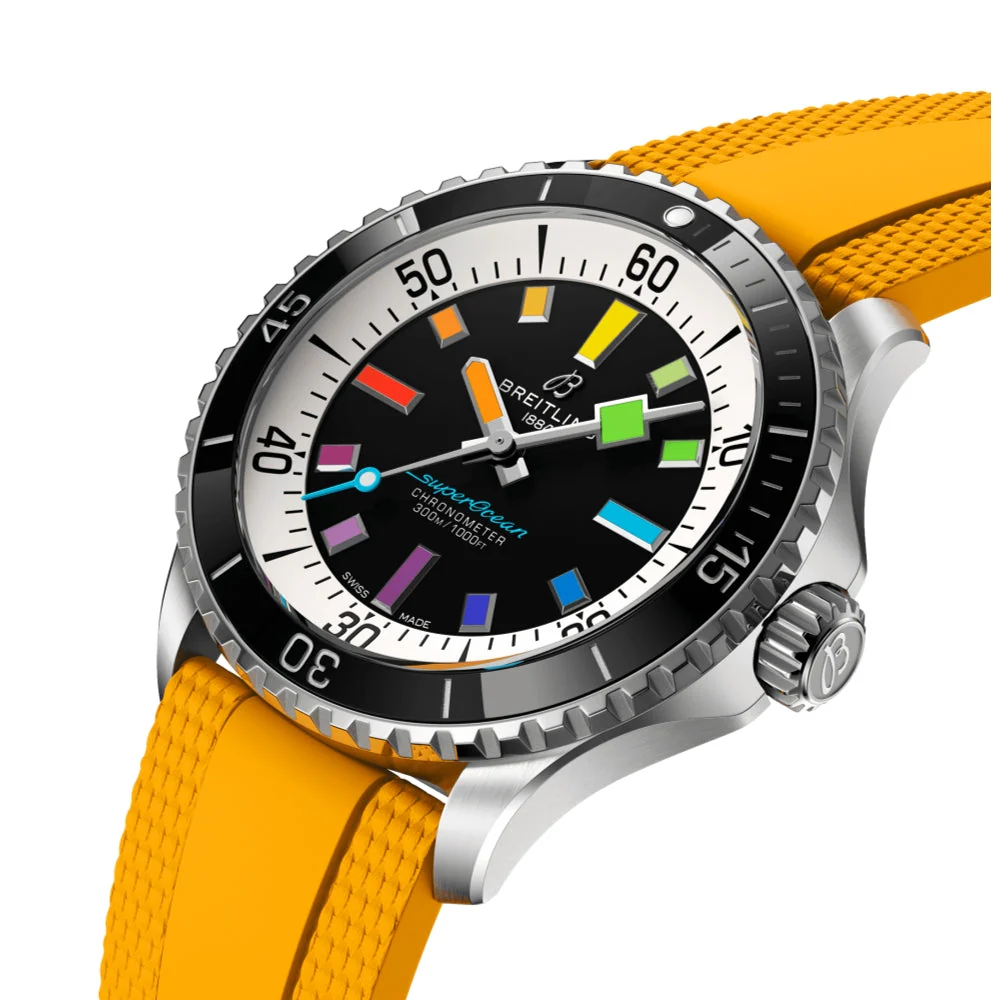 Superocean Automatic 42mm - Black w/ Rainbow Indices on Yellow Rubber Strap - Image 2