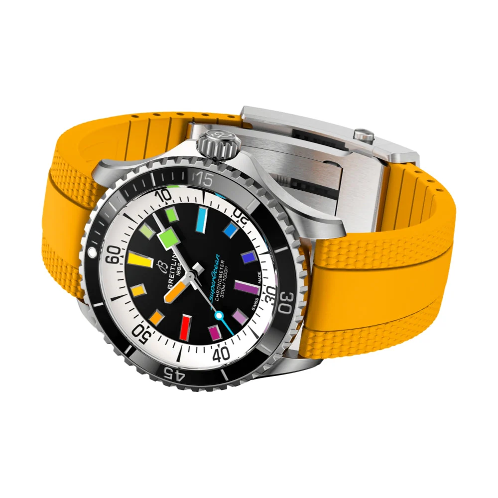 Superocean Automatic 42mm - Black w/ Rainbow Indices on Yellow Rubber Strap - Image 3