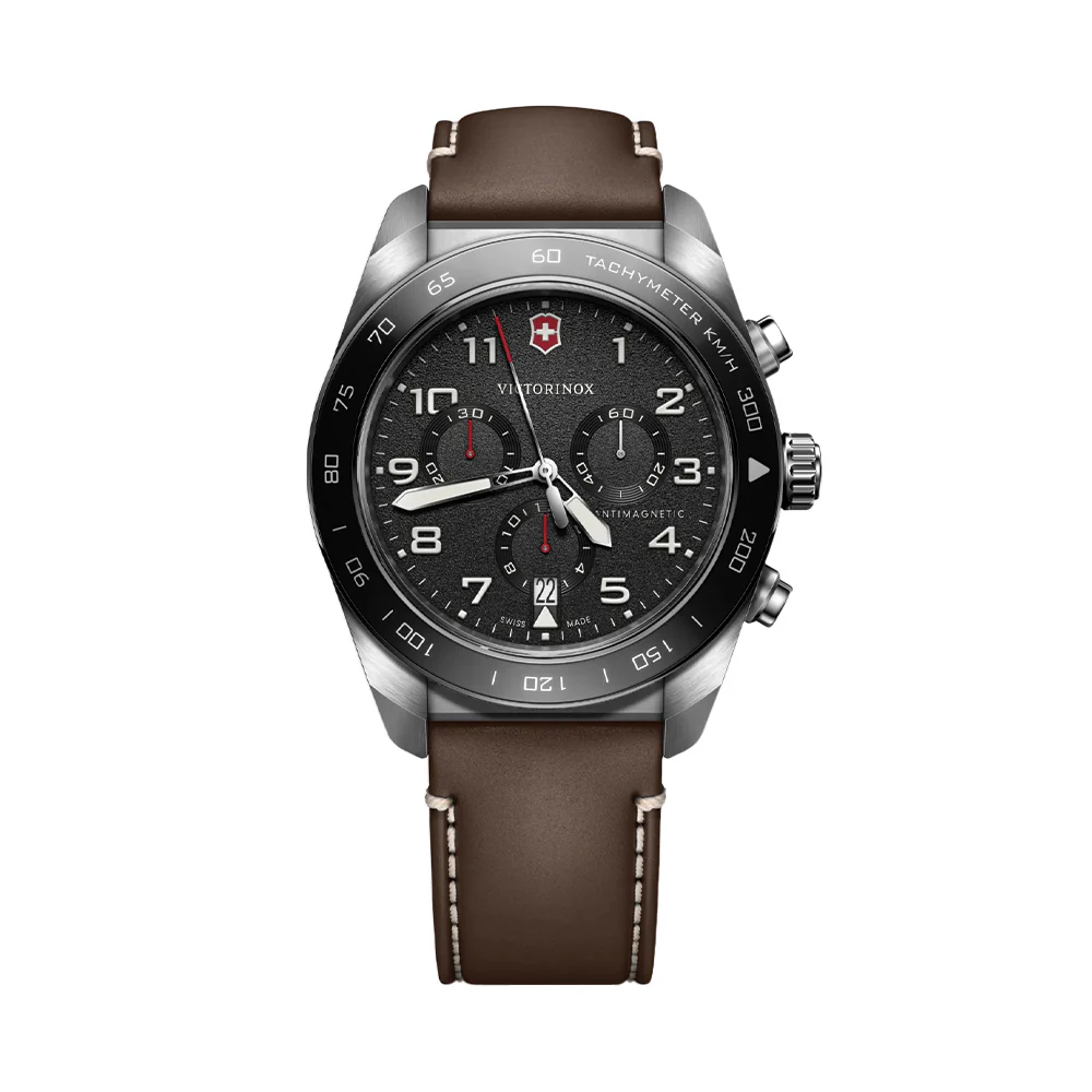 Swiss Army Chrono Quartz 42mm - Black on Brown Leather Strap