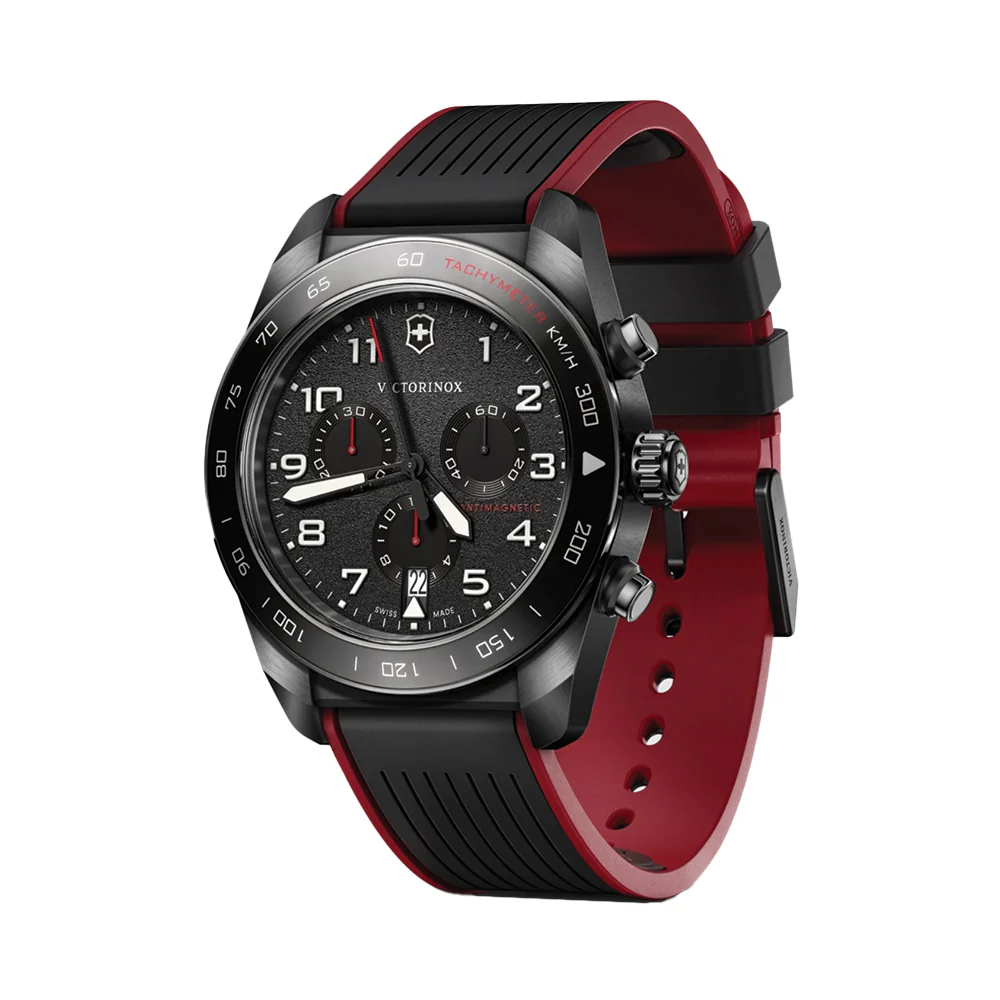 Swiss Army Chrono Quartz 42mm - Black on Black and Red Rubber Strap - Image 2