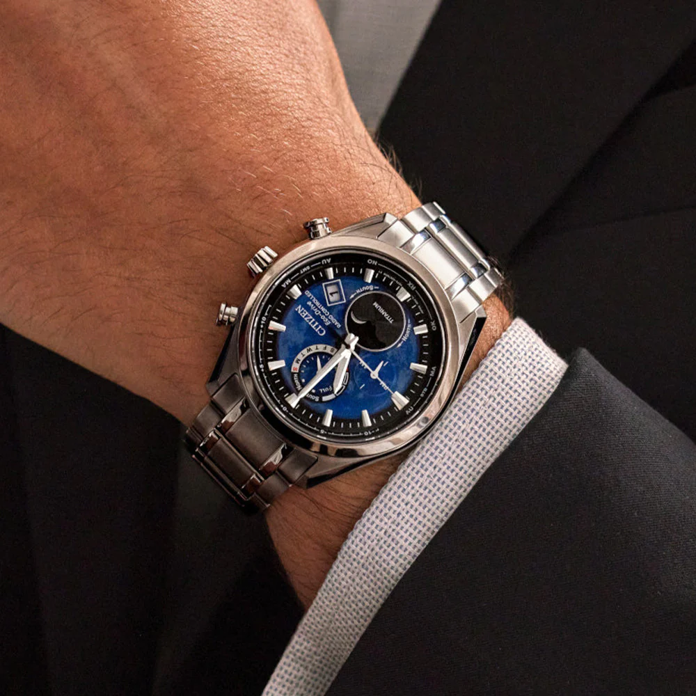 Tsuki-yomi A-T Sport Luxury H874 Eco-Drive 43mm - Blue on Bracelet - Image 2