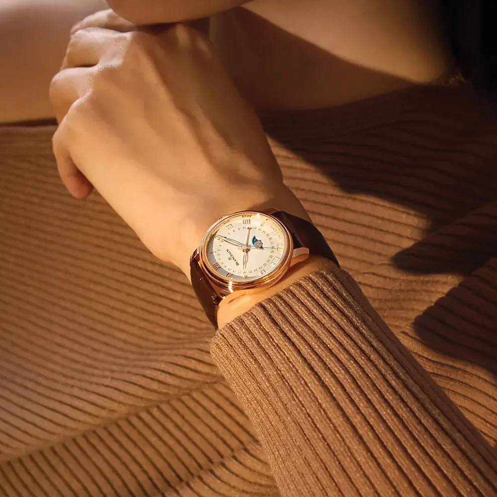 Villeret Calendar Moonphase Red Gold 33.2mm - White on Leather Strap - Image 3