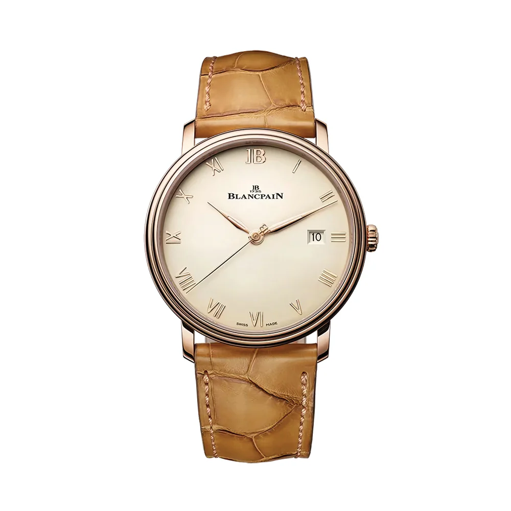 Villeret Red Gold 40mm - Opaline Gold-Toned White on Alligator Leather Strap
